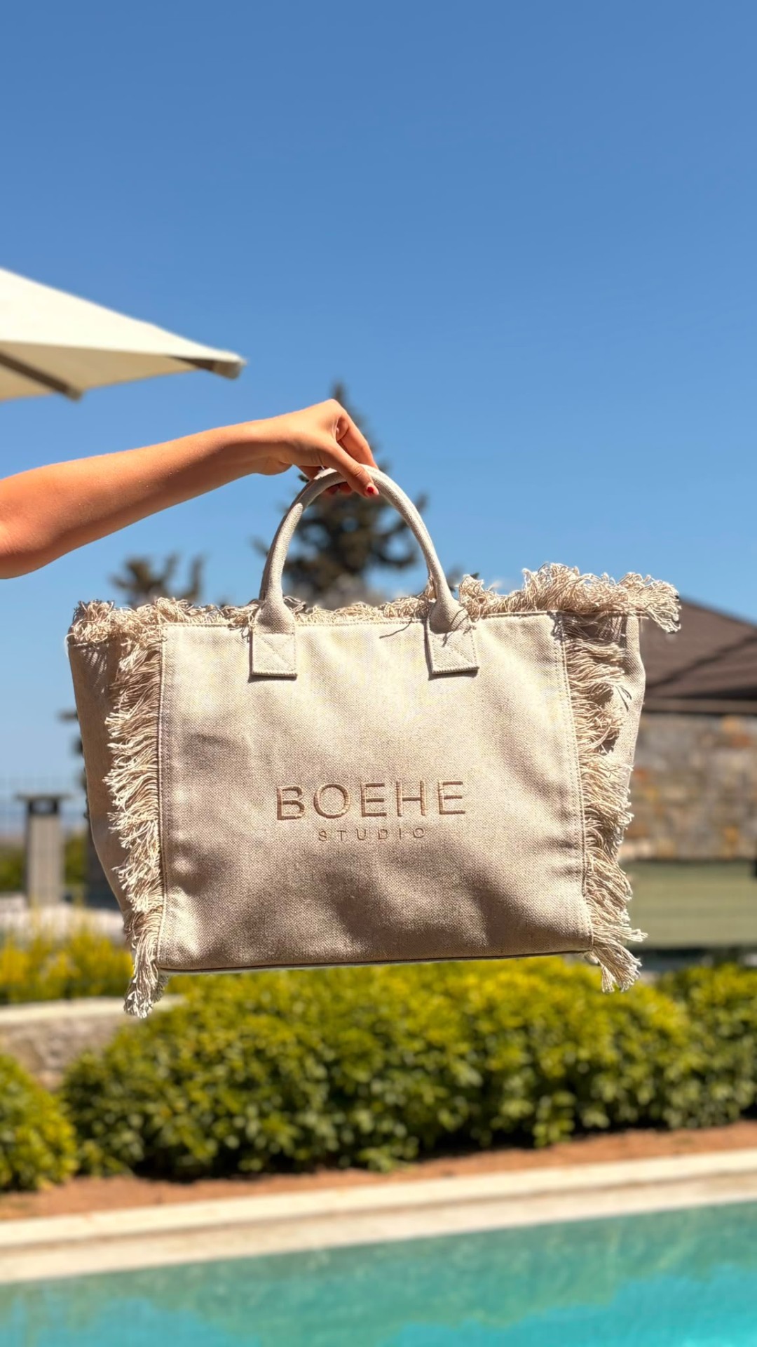Boehe Studio Püsküllü Kanvas Plaj Çantası - Naturel Bej 1