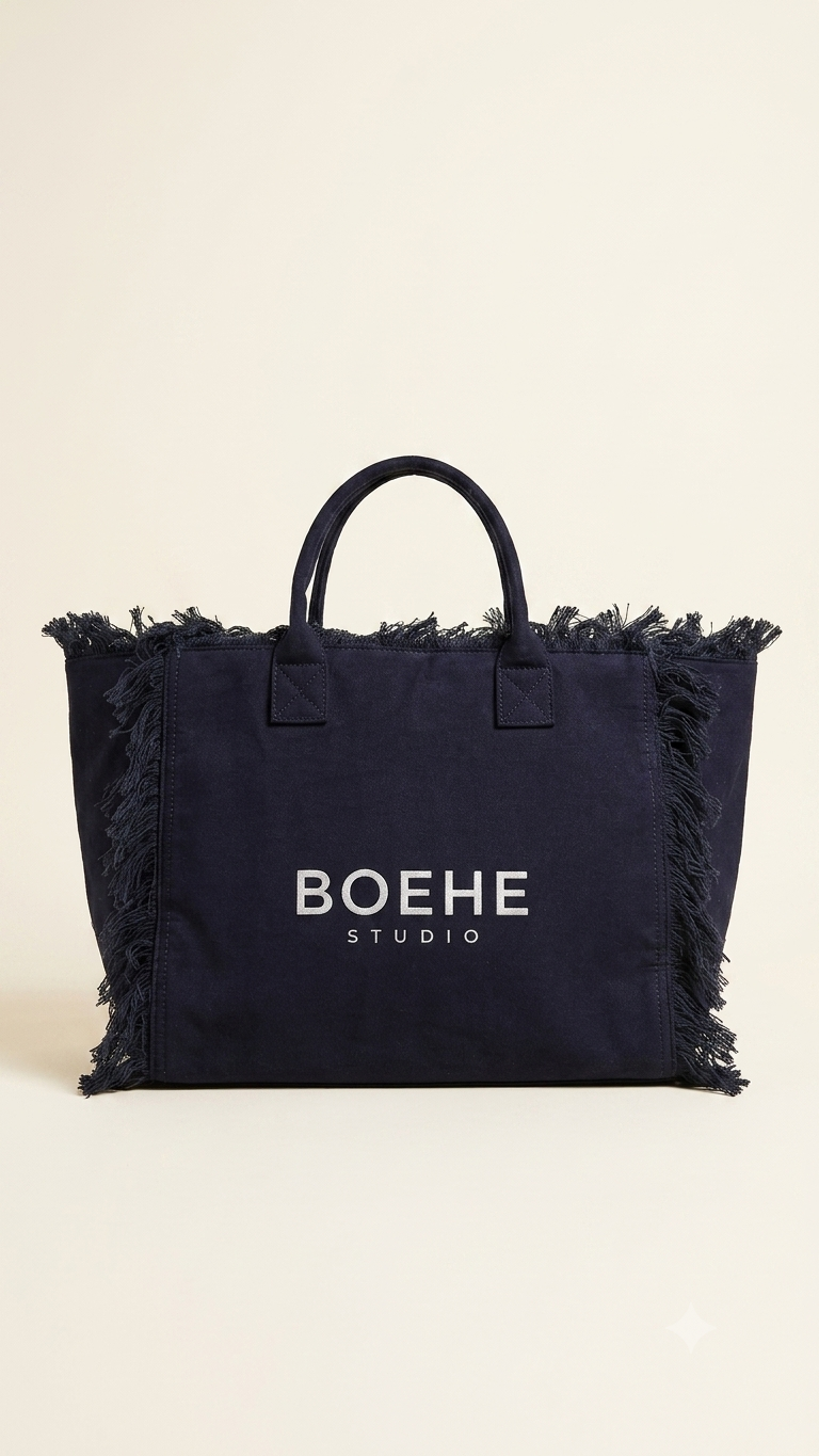 Boehe Studio Püsküllü Kanvas Plaj Çantası - Lacivert 1