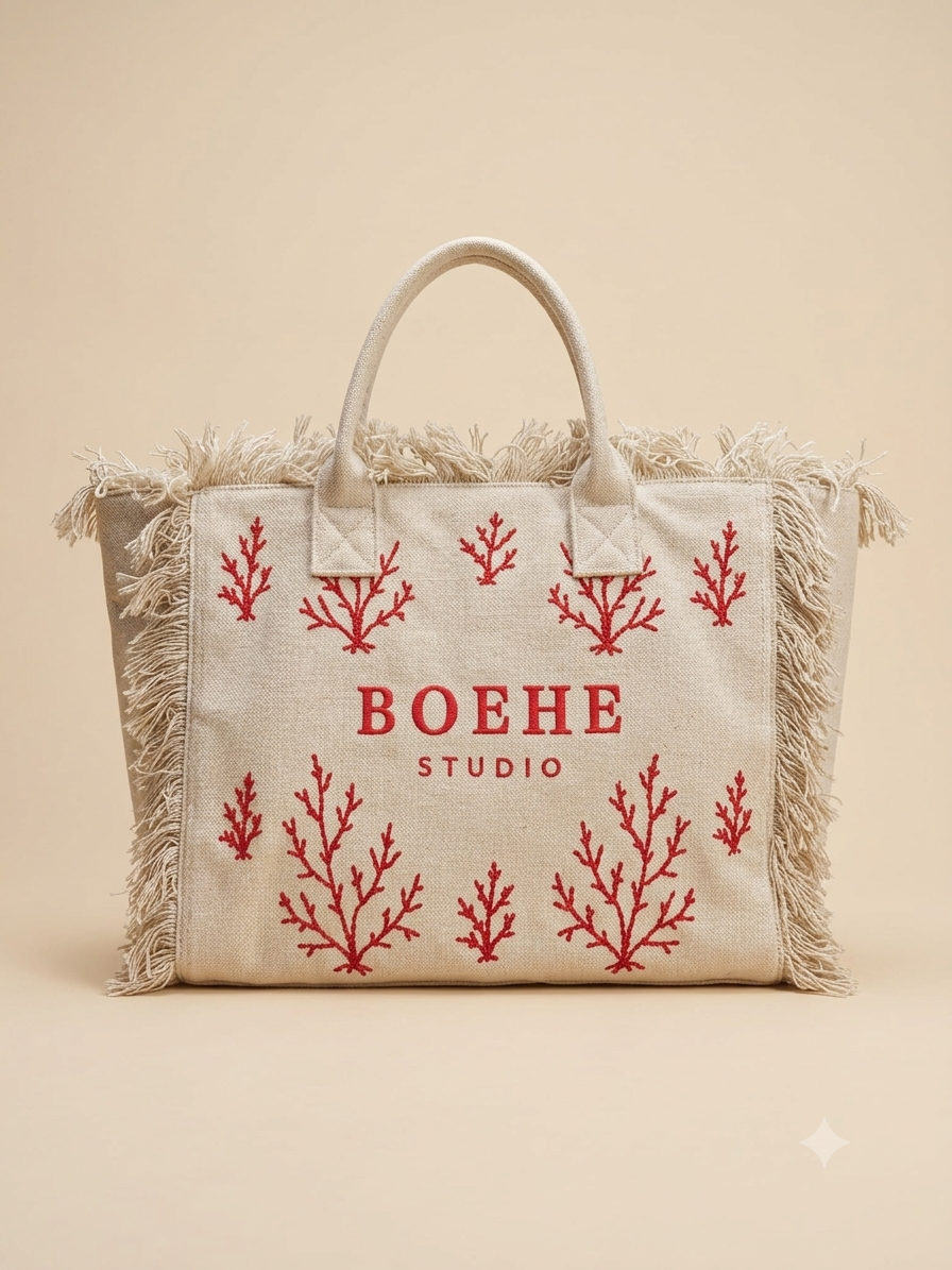 Boehe Studio Püsküllü Mercan Nakışlı Kanvas Plaj Çantası 1