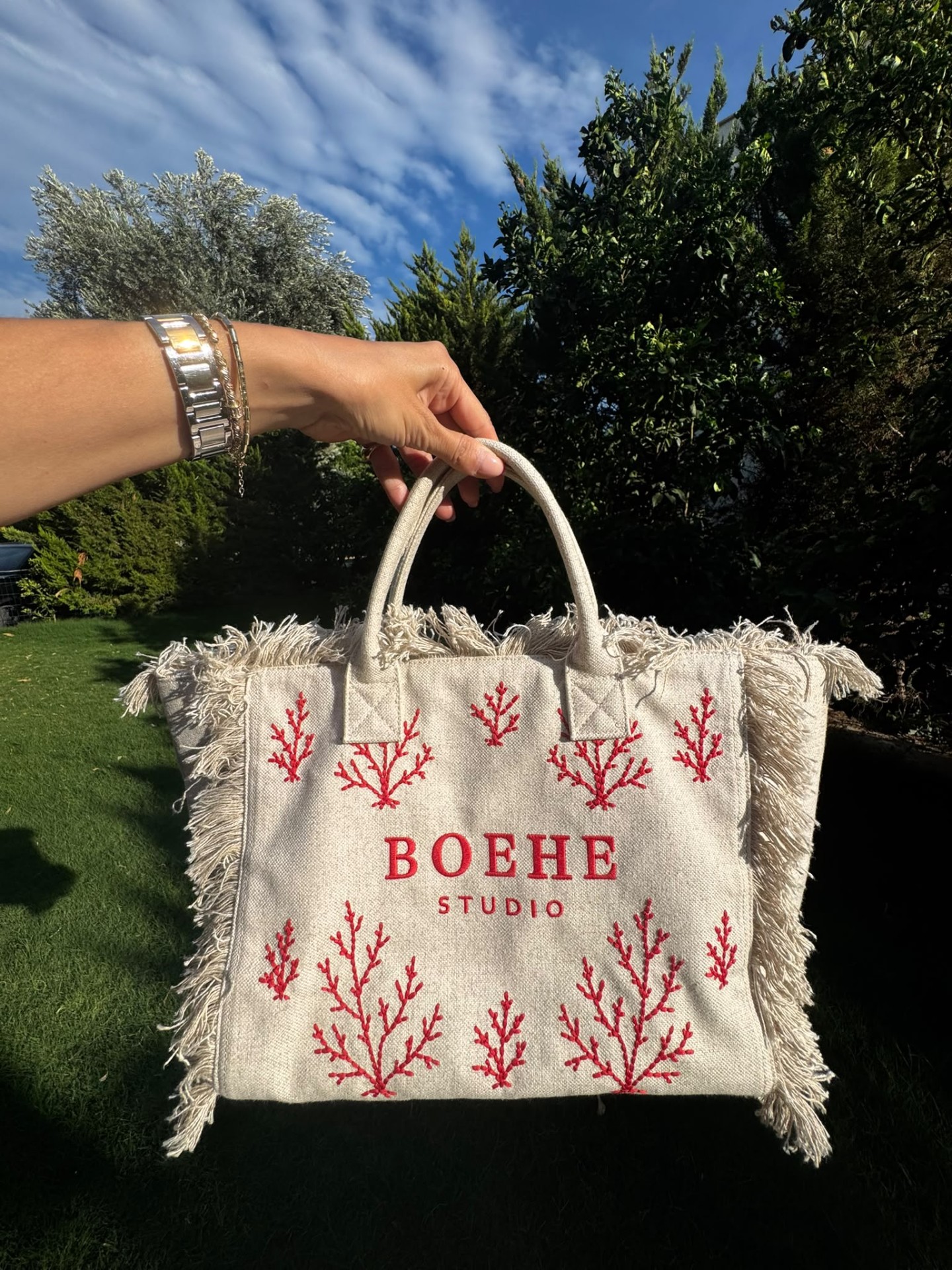 Boehe Studio Püsküllü Mercan Nakışlı Kanvas Plaj Çantası