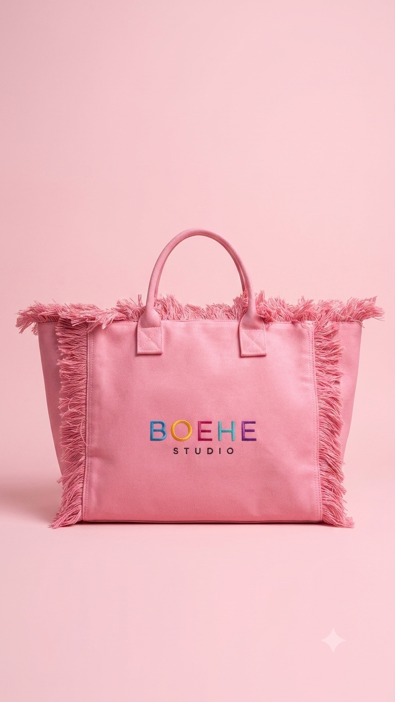 Boehe Studio Gökkuşağı Nakışlı Püsküllü Pembe Kanvas Plaj Çantası 1